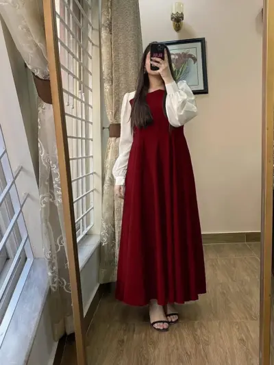 Women’s Stitched Plain Georgette Maxi Dress – U-Neck Plated Design, Non-See-Through, Standard Size (1 Pc)