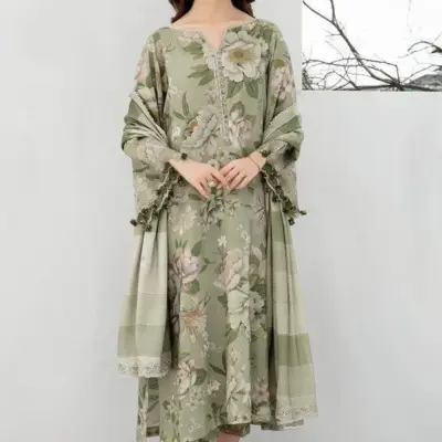 Women’s 3-Piece Unstitched Printed Linen Suit – Green | Shirt, Trouser & Dupatta (2.5 Meter Shirt)