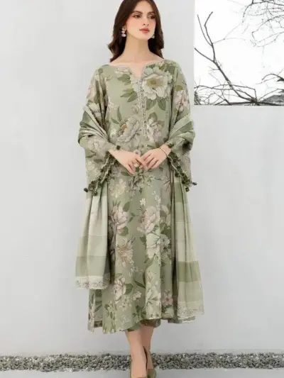 Women’s 3-Piece Unstitched Printed Linen Suit – Green | Shirt, Trouser & Dupatta (2.5 Meter Shirt)