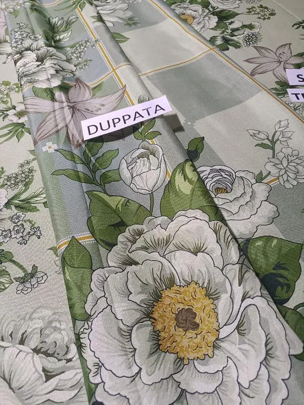 Women’s 3-Piece Unstitched Printed Linen Suit – Green | Shirt, Trouser & Dupatta (2.5 Meter Shirt)