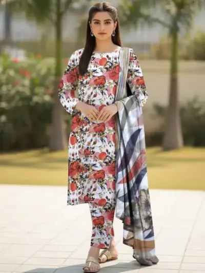 Women’s 3-Piece Unstitched Printed Dhanak Suit with Chiffon Dupatta – Multicolor | Shirt, Trouser & Dupatta | 2.5 Meter Each