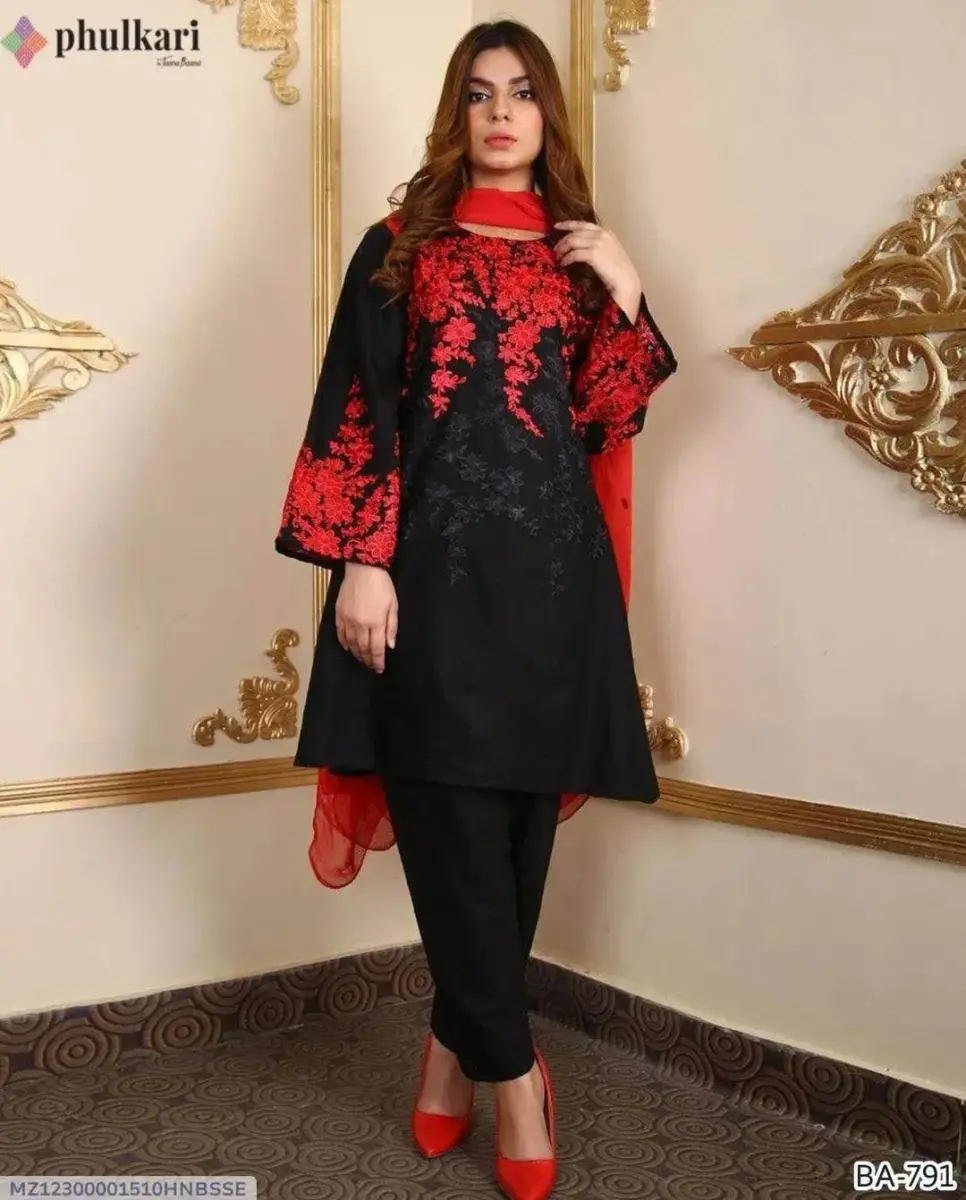 Women’s 3-Piece Unstitched Printed Dhanak Suit with Chiffon Dupatta – Multicolor | Shirt, Trouser & Dupatta | 2.5 Meter Each