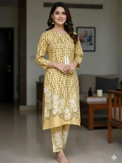 Women’s Stitched Linen 2 Pcs Printed A-Line Frock & Trouser Suit – Off White | Round Neck | Standard Size