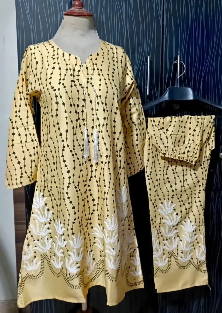 Women’s Stitched Linen 2 Pcs Printed A-Line Frock & Trouser Suit – Off White | Round Neck | Standard Size