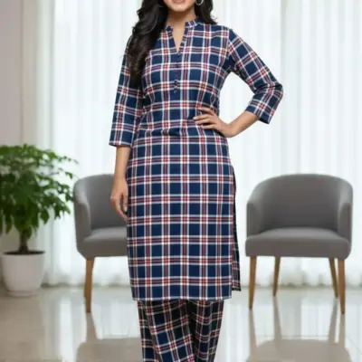 Crystal Khaddar 2 Pcs Women’s Stitched Printed Long Shirt & Trouser Suit – Blue | Ban Collar | Winter Wear