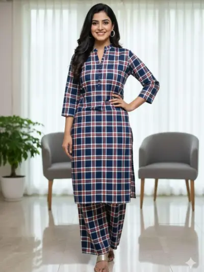 Crystal Khaddar 2 Pcs Women’s Stitched Printed Long Shirt & Trouser Suit – Blue | Ban Collar | Winter Wear