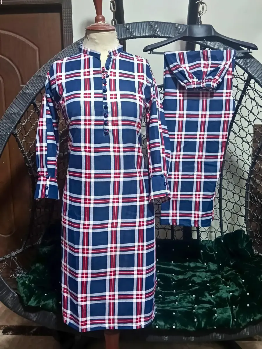 Crystal Khaddar 2 Pcs Women’s Stitched Printed Long Shirt & Trouser Suit – Blue | Ban Collar | Winter Wear