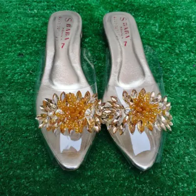 Women’s Transparent PVC Half Slippers – Golden Gemstone Flats for Casual & Formal Wear