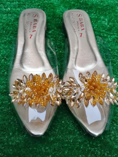 Women’s Transparent PVC Half Slippers – Golden Gemstone Flats for Casual & Formal Wear