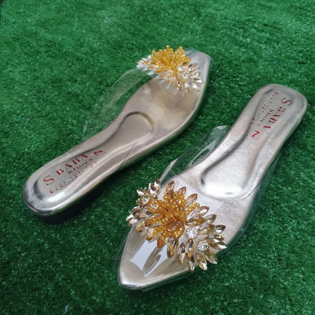 Women’s Transparent PVC Half Slippers – Golden Gemstone Flats for Casual & Formal Wear