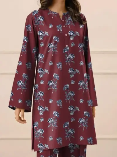 Khaddar Printed 2 Pcs Women’s Unstitched Suit – Maroon | Winter Cotton Shirt & Trouser (2.5m Each)