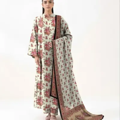 Elegant Off White 3 Pcs Women’s Unstitched Printed Khaddar Suit – Shirt, Trouser & Dupatta Set