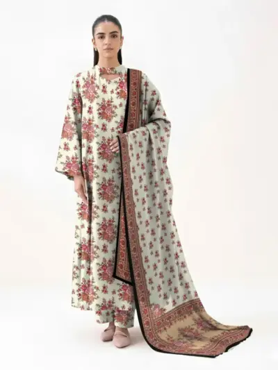 Elegant Off White 3 Pcs Women’s Unstitched Printed Khaddar Suit – Shirt, Trouser & Dupatta Set