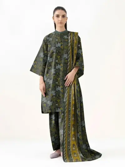 Elegant Green 3 Pcs Women’s Unstitched Printed Khaddar Suit – Shirt, Trouser & Dupatta Set