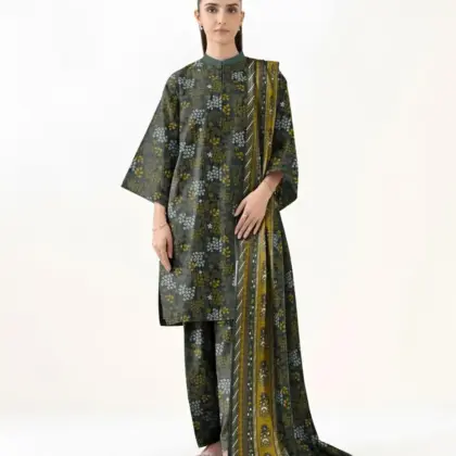 Elegant Green 3 Pcs Women’s Unstitched Printed Khaddar Suit – Shirt, Trouser & Dupatta Set