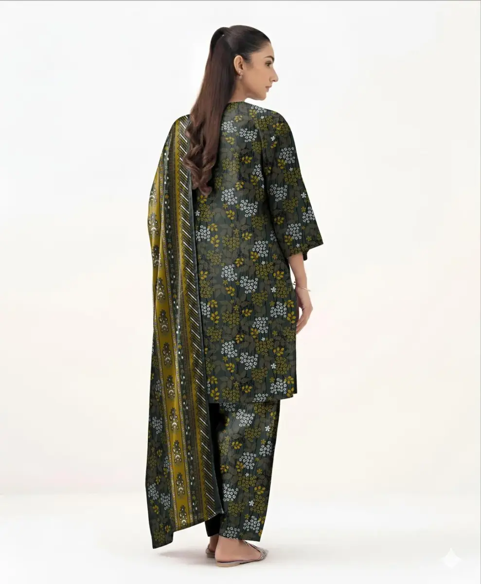 Elegant Green 3 Pcs Women’s Unstitched Printed Khaddar Suit – Shirt, Trouser & Dupatta Set