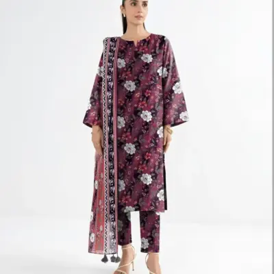 Women’s 3 Pcs Unstitched Printed Khaddar Suit – Pink | 3.0m Shirt, 2.5m Trouser, 2.5m Dupatta