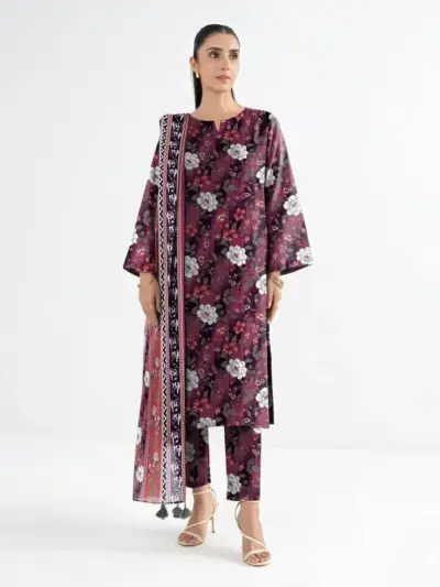 Women’s 3 Pcs Unstitched Printed Khaddar Suit – Pink | 3.0m Shirt, 2.5m Trouser, 2.5m Dupatta