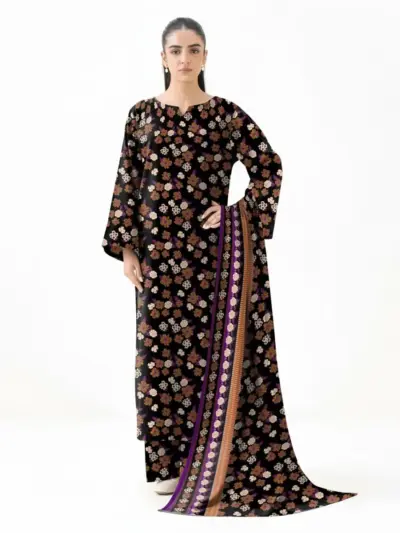 Women’s 3 Pcs Unstitched Printed Khaddar Suit – Black | 3.0m Shirt, 2.5m Trouser, 2.5m Dupatta