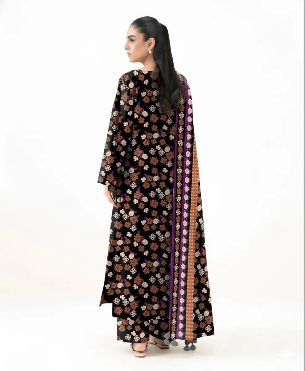 Women’s 3 Pcs Unstitched Printed Khaddar Suit – Black | 3.0m Shirt, 2.5m Trouser, 2.5m Dupatta