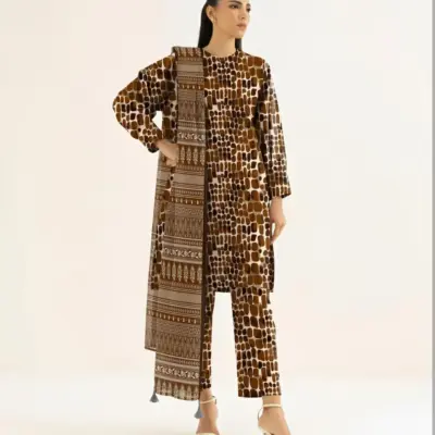 Women’s 3 Pcs Unstitched Printed Khaddar Suit – Brown | 3.0m Shirt, 2.5m Trouser, 2.5m Dupatta