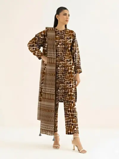 Women’s 3 Pcs Unstitched Printed Khaddar Suit – Brown | 3.0m Shirt, 2.5m Trouser, 2.5m Dupatta