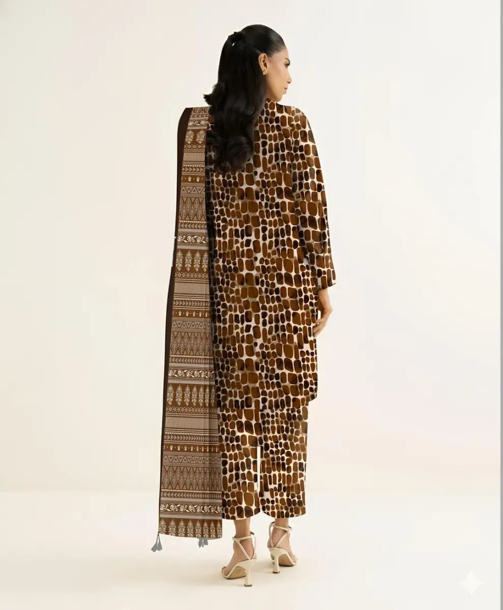 Women’s 3 Pcs Unstitched Printed Khaddar Suit – Brown | 3.0m Shirt, 2.5m Trouser, 2.5m Dupatta