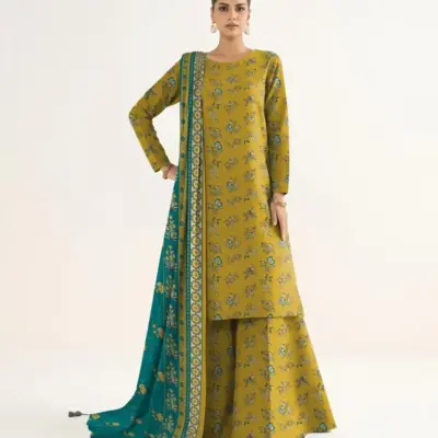Women’s 3 Pcs Unstitched Printed Khaddar Suit – Golden | 3.0m Shirt, 2.5m Trouser, 2.5m Dupatta