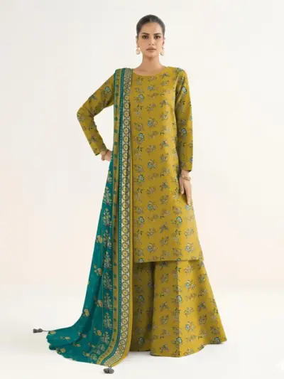 Women’s 3 Pcs Unstitched Printed Khaddar Suit – Golden | 3.0m Shirt, 2.5m Trouser, 2.5m Dupatta