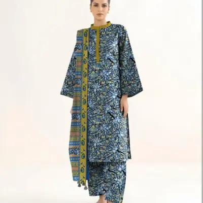 Women’s 3 Pcs Unstitched Printed Khaddar Suit – Blue | 3.0m Shirt, 2.5m Trouser, 2.5m Dupatta