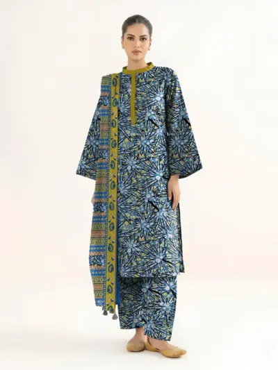 Women’s 3 Pcs Unstitched Printed Khaddar Suit – Blue | 3.0m Shirt, 2.5m Trouser, 2.5m Dupatta