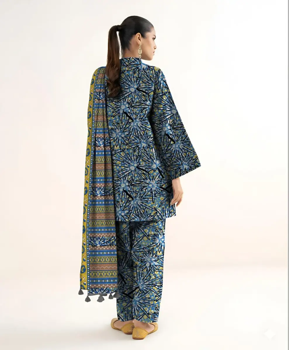 Women’s 3 Pcs Unstitched Printed Khaddar Suit – Blue | 3.0m Shirt, 2.5m Trouser, 2.5m Dupatta