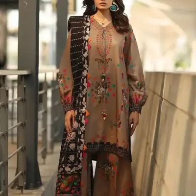 Women’s 3 Pcs Unstitched Printed Khaddar Suit – Brown | 3.0m Shirt, 2.5m Trouser, 2.5m Dupatta