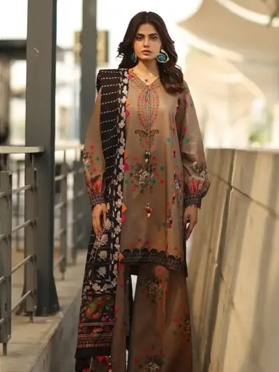 Women’s 3 Pcs Unstitched Printed Khaddar Suit – Brown | 3.0m Shirt, 2.5m Trouser, 2.5m Dupatta