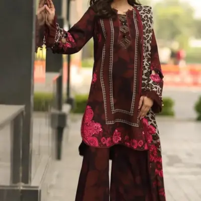 Women’s 3 Pcs Unstitched Printed Khaddar Suit – Purple | 3.0m Shirt, 2.5m Trouser, 2.5m Dupatta