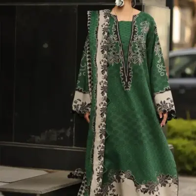 Women’s 3 Pcs Unstitched Printed Khaddar Suit – Green | 3.0m Shirt, 2.5m Trouser, 2.5m Dupatta