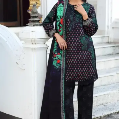 Women’s 3 Pcs Unstitched Printed Khaddar Suit – Blue | Winter Wear (3.0m Shirt, 2.5m Trouser, 2.5m Dupatta)