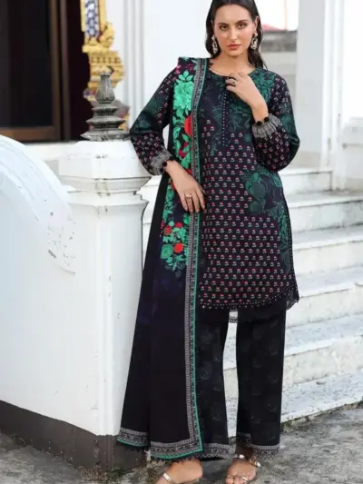 Women’s 3 Pcs Unstitched Printed Khaddar Suit – Blue | Winter Wear (3.0m Shirt, 2.5m Trouser, 2.5m Dupatta)