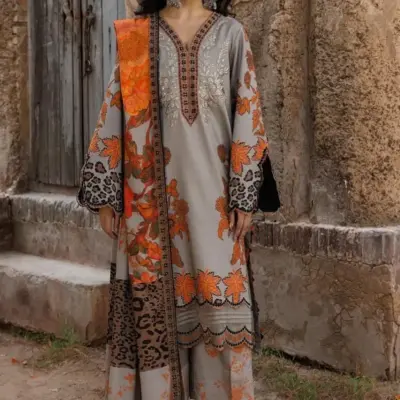 Women’s 3 Pcs Unstitched Printed Khaddar Suit – Grey | Winter Wear (3.0m Shirt, 2.5m Trouser, 2.5m Dupatta)