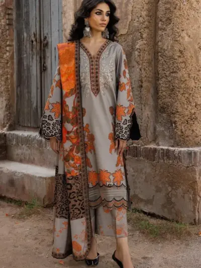 Women’s 3 Pcs Unstitched Printed Khaddar Suit – Grey | Winter Wear (3.0m Shirt, 2.5m Trouser, 2.5m Dupatta)