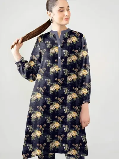 Women’s 2 Pcs Unstitched Printed Khaddar Suit – Blue | Winter Wear (3.0m Shirt, 2.5m Trouser)