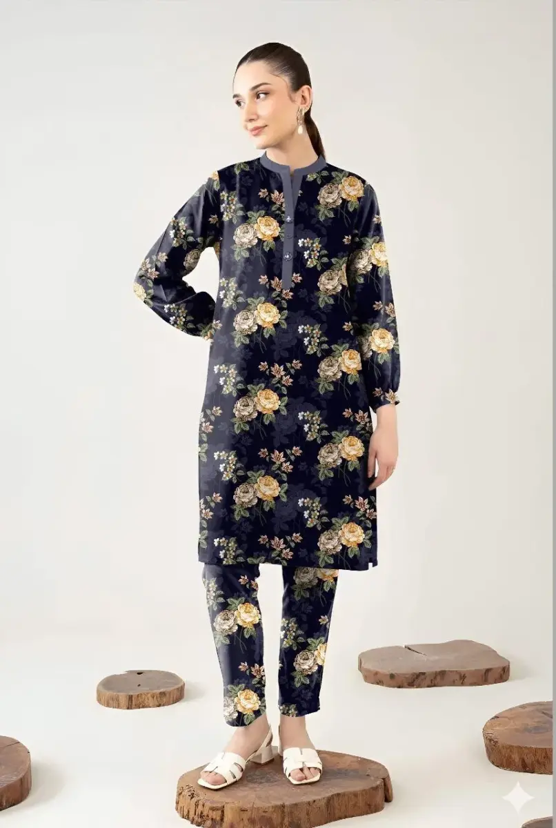 Women’s 2 Pcs Unstitched Printed Khaddar Suit – Blue | Winter Wear (3.0m Shirt, 2.5m Trouser)