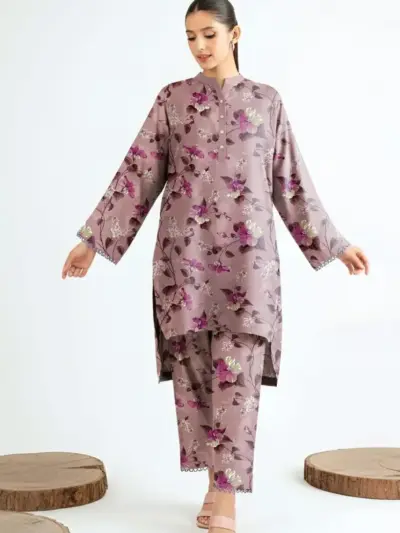 Women’s 2 Pcs Unstitched Printed Khaddar Suit – Pink | Winter Wear (3.0m Shirt, 2.5m Trouser)