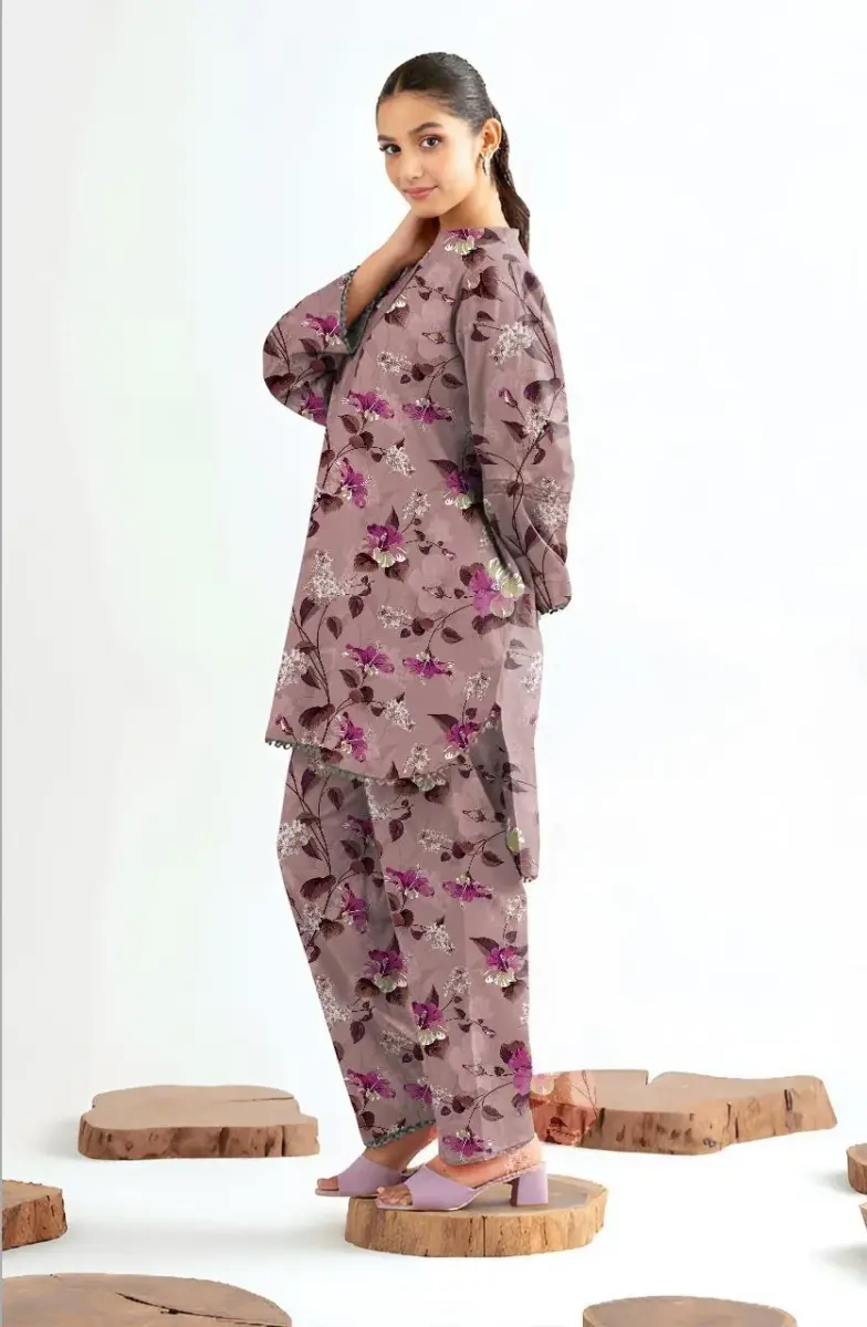Women’s 2 Pcs Unstitched Printed Khaddar Suit – Pink | Winter Wear (3.0m Shirt, 2.5m Trouser)