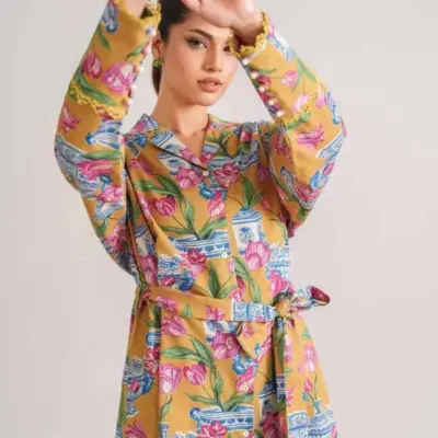 Women’s 2 Pcs Unstitched Printed Khaddar Suit – Golden | Shirt (3.0 m) & Trouser (2.5 m)