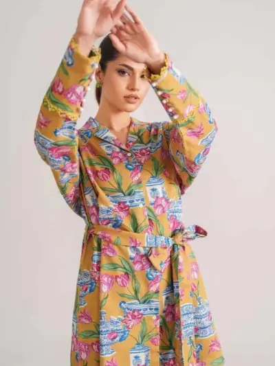 Women’s 2 Pcs Unstitched Printed Khaddar Suit – Golden | Shirt (3.0 m) & Trouser (2.5 m)