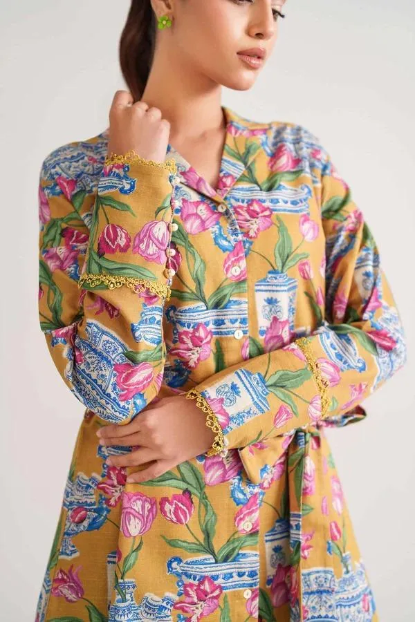Women’s 2 Pcs Unstitched Printed Khaddar Suit – Golden | Shirt (3.0 m) & Trouser (2.5 m)