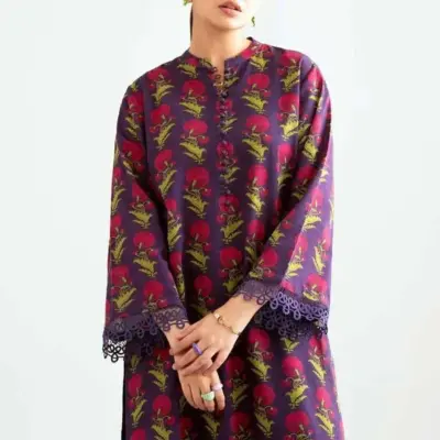 Women’s 2 Pcs Unstitched Printed Khaddar Suit – Purple | Shirt (3.0 m) & Trouser (2.5 m)