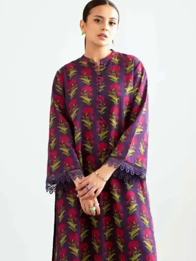 Women’s 2 Pcs Unstitched Printed Khaddar Suit – Purple | Shirt (3.0 m) & Trouser (2.5 m)