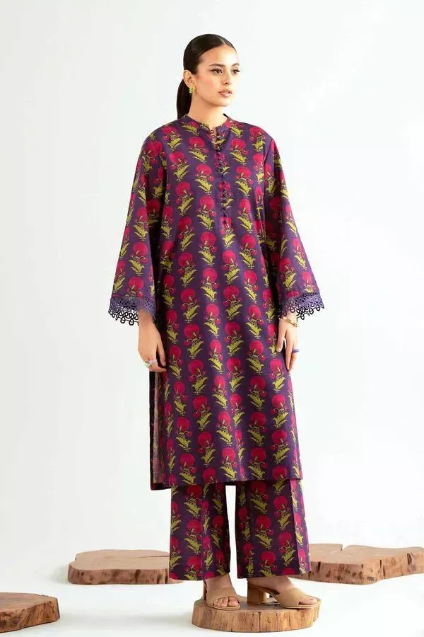 Women’s 2 Pcs Unstitched Printed Khaddar Suit – Purple | Shirt (3.0 m) & Trouser (2.5 m)